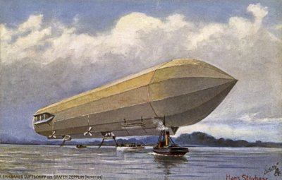 Zeppelin dirigível decolando de um lago de German School