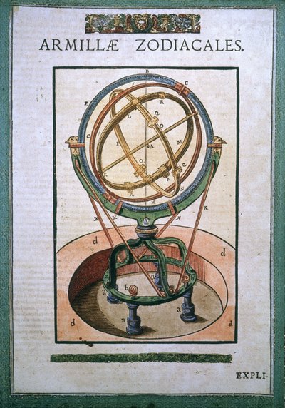 Zodiacal Armillary Sphere in "Astronomiae instituatae machanicia" por Tycho Brahe (1546 - 1601), Wandsbeck de German School