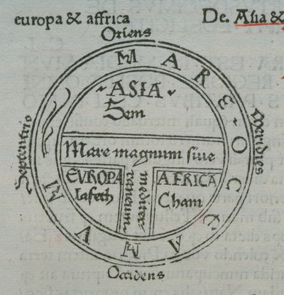 f.177v Mapa T-in-O, com nomes de lugares em tipografia, de Isidoro de Sevilha, Liber Etimologiarvm de German School