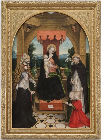 Madonna entronizou com a Criança entre os Santos Abílio e Domingos, a comissária Ludovica Buronzo e seus filhos Pedro e Jerônimo de Gerolamo Giovenone