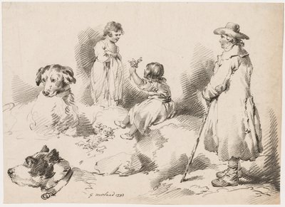 Estudos de Crianças Duas Meninas, Dois Cães, Um Homem, 1793. de Gerrard Street J. Harris Soho