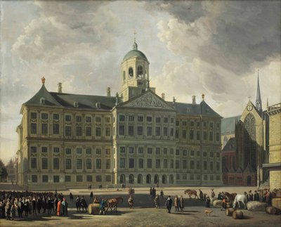 Vista da barragem com a nova prefeitura, o Nieuwe Kerk e o Waag, Amsterdã de Gerrit Adriaensz Berckheyde