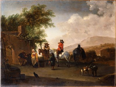 Viajantes a cavalo tomando um refresco em uma passagem de montanha, em uma paisagem italiana de Gerrit Adriaensz Berckheyde