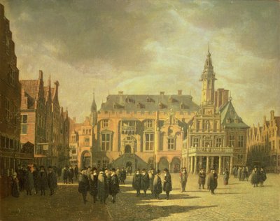Vista da Câmara Municipal na Praça do Mercado de Haarlem de Gerrit Adriaensz Berckheyde