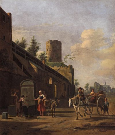 Muralha da cidade de Colónia com camponeses e viajantes nas proximidades, a igreja de São Pantaleão ao fundo de Gerrit Adriaenszoon Berckheyde