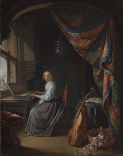 Uma senhora a tocar clavicórdio. de Gerrit Dou