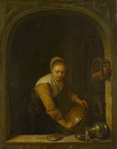 Uma criada a limpar uma panela de latão numa janela de Gerrit Dou