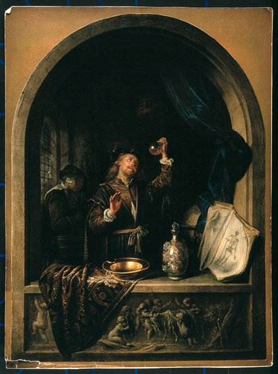 Um médico que examina uma amostra de urina de uma mulher idosa de Gerrit Dou