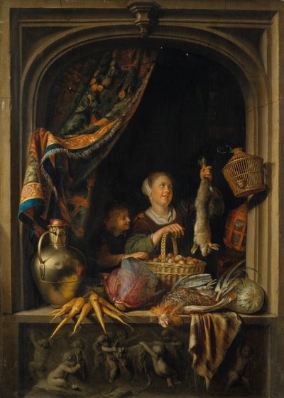 Uma jovem mulher a segurar uma lebre com um rapaz à janela de Gerrit Dou