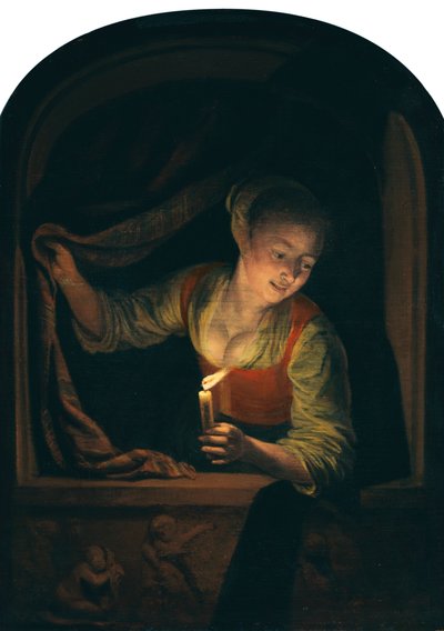 Holandês: Mulher jovem com uma vela acesa numa janela de Gerrit Dou