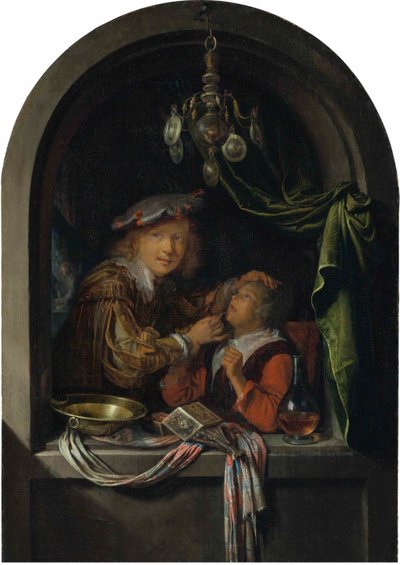 Alemão: Der Zahnarzt Um barbeiro-cirurgião que examina uma rapariga de Gerrit Dou