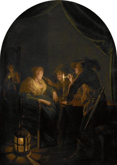 Mulher adormecida provocada por dois soldados de Gerrit Dou