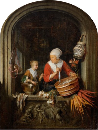 Mulher a vender arenque e rapariga numa janela de Gerrit Dou