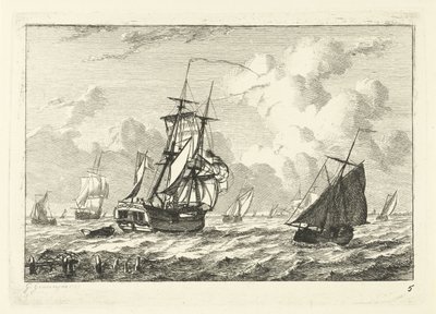 Vários veleiros em águas turbulentas Vários navios na água (título da série) de Gerrit Groenewegen