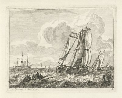 Barcos à vela e um barco a remo em águas abertas
Mares com navios (título da série) de Gerrit Groenewegen