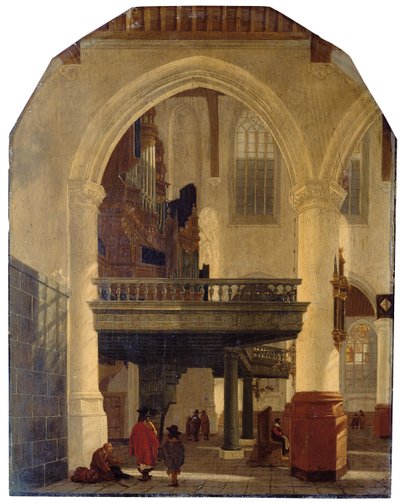 O extremo oeste de Oude Kerk, Delft, do corredor sul ao norte com o loft de órgãos de Gerrit Houckgeest