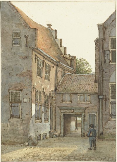 Vista da entrada da escola latina, St Hieronymus School, em Kromme Nieuwegracht, em Utrecht de Gerrit Lamberts