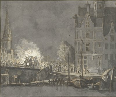 Queimar as alfândegas perto do Nieuwebrug em Amesterdão de Gerrit Lamberts
