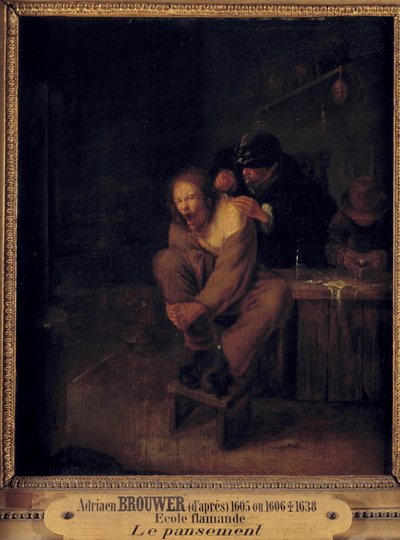 Operação (ou curativo) Um cirurgião que cuida de um paciente. Pintura por Gerrit Lundens (1622-1683) após Adriaen Brouwer (1605/1606-1638). Século XVII. Dim. 0,32x0,28 m. de Gerrit Lundens