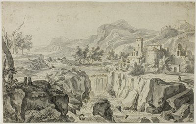 Paisagem Italiano-Terrestre com Cascata e Edifícios de Gerrit Rademaker