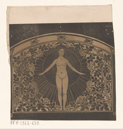 Desenho para a moldura de um calendário para 1901 mostrando uma mulher e flores de Gerrit Willem Dijsselhof
