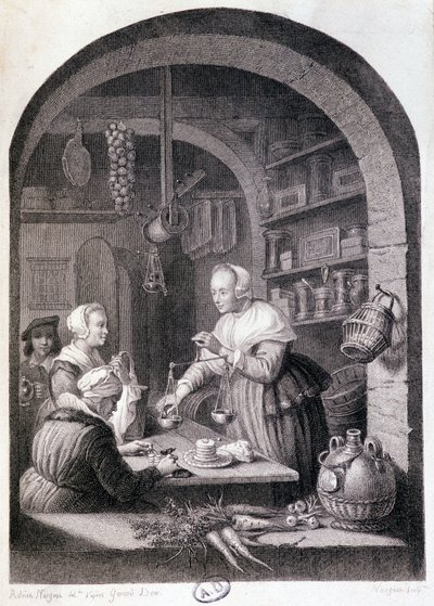 Merceeiro da aldeia a pesar com uma balança. sd. Século XVIII de Gerrit or Gerard (after) Dou