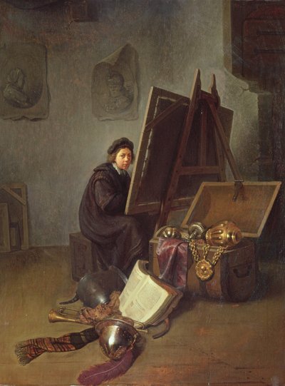 Retrato do artista em seu cavalete em seu estúdio de Gerrit Dou