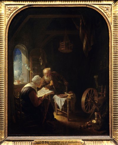 Leitura da Bíblia ou Anne e Tobie - Pintura de Gerard Dou (1613-1675) Ec Hol de Gerrit Dou