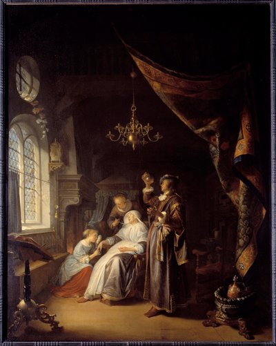A mulher hidrópica. Um médico examina a urina de uma mulher com hidropisia. Pintura de Gerard Dou (1613-1675) Ec. Hol de Gerrit Dou