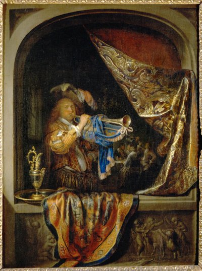 O trompetista, ao fundo uma festa ... de Gerrit or Gerard Dou