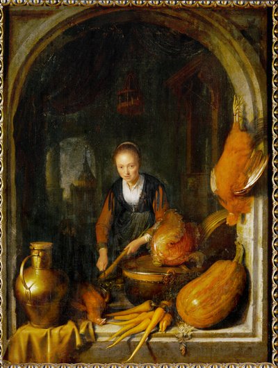 Mulher jovem a preparar comida (óleo sobre tela) de Gerrit or Gerard Dou