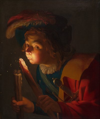 Um menino soprando em um tição de Gerrit van Honthorst
