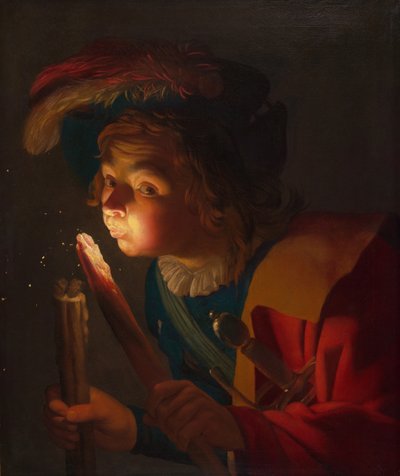 Um menino soprando em um tição, 162122. de Gerrit van Honthorst