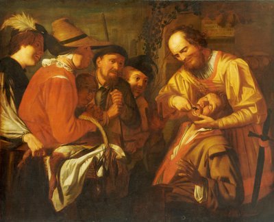 Um dentista charlatão que extrai um dente, enquanto um grupo de espectadores assiste nas proximidades de Gerrit van Honthorst