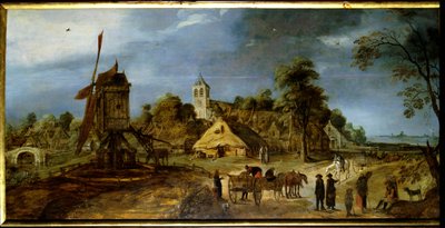 Uma paisagem rural holandesa de rua da aldeia com moinho. Pintura de Gerrit Van Honthorst (1590-1656) Século XVII. Riom, Musee Francisque Mandet de Gerrit van Honthorst
