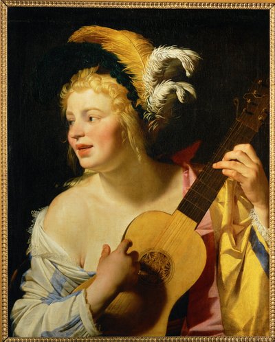 Femme jouant de la guitare - Mulher a tocar guitarra ... de Gerrit van Honthorst