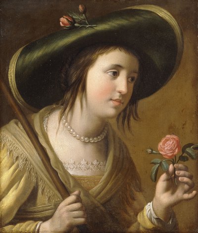 Retrato da princesa Elizabeth II van de Palts como uma pastora, comprimento do busto, segurando uma rosa, de Gerrit van Honthorst