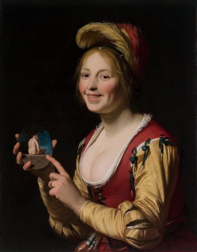 Rapariga sorridente, uma cortesã, com uma imagem obscena de Gerrit van Honthorst