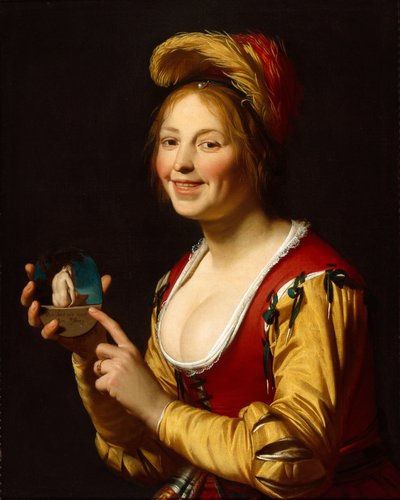 Rapariga sorridente, uma cortesã, segurando uma imagem obscena de Gerrit van Honthorst
