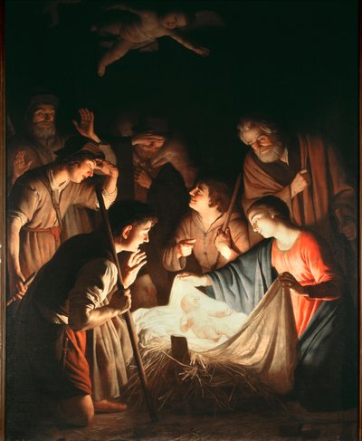 A Adoração dos Pastores - óleo sobre tela, c.1640 de Gerrit van Honthorst