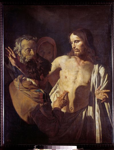 O incrédulo de São Tomás Ele toca as feridas de Cristo e salva para acreditar na sua aparência. Pintura de Gerrit Van Honthorst (1590-1656) de Gerrit van Honthorst