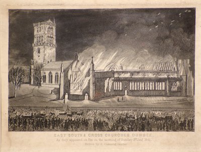 East, South & Cross Churches, Dundee, como eles apareceram no fogo no domingo, 3 de janeiro de 1841, c.1841 (gravura) de Gershom Gourlay Cumming