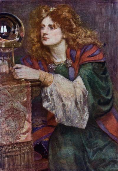Britomart espies the Mirror (cor litho) de Gertrude E. Demain (after) Hammond