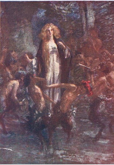 Os sátiros dançaram à sua volta com alegria, Stories from the Faerie Queen publicado por George Harrap and Company de Gertrude E. Demain (after) Hammond