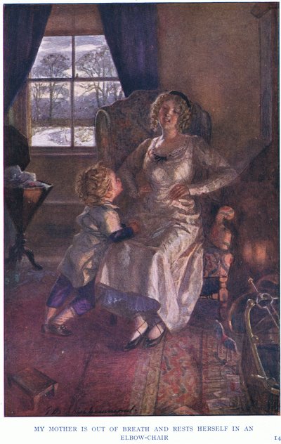 A minha mãe está sem fôlego e descansa-se numa cadeira de cotovelo de Gertrude E. Demain Hammond