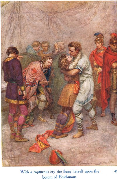 Com um grito arrebatador ela atirou-se ao peito de Póstumo", ilustração de "Shakespeare
