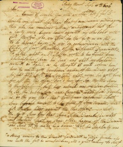 Carta assinada por Gertrude Joan Senf, Rocky Mount, a Thomas Jefferson, 11 de Setembro de 1806 de Gertrude Joan Senf