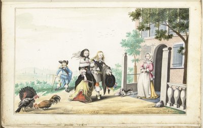 Casal cumprimenta uma senhora à porta de uma casa de campo de Gesina ter Borch (signed by artist)