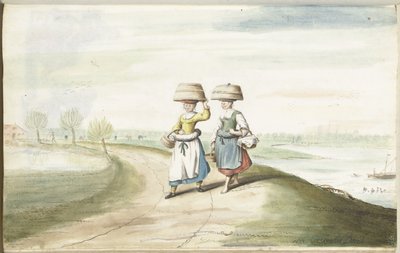 Duas mulheres camponesas a caminhar numa paisagem de Gesina ter Borch (signed by artist)