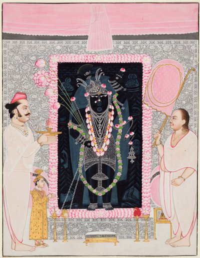 O padre chefe Tilakayat Govardhanlalji faz oferendas a Shri Nathji em celebração..., c. 1890 de Ghasiram Hardev Sharma